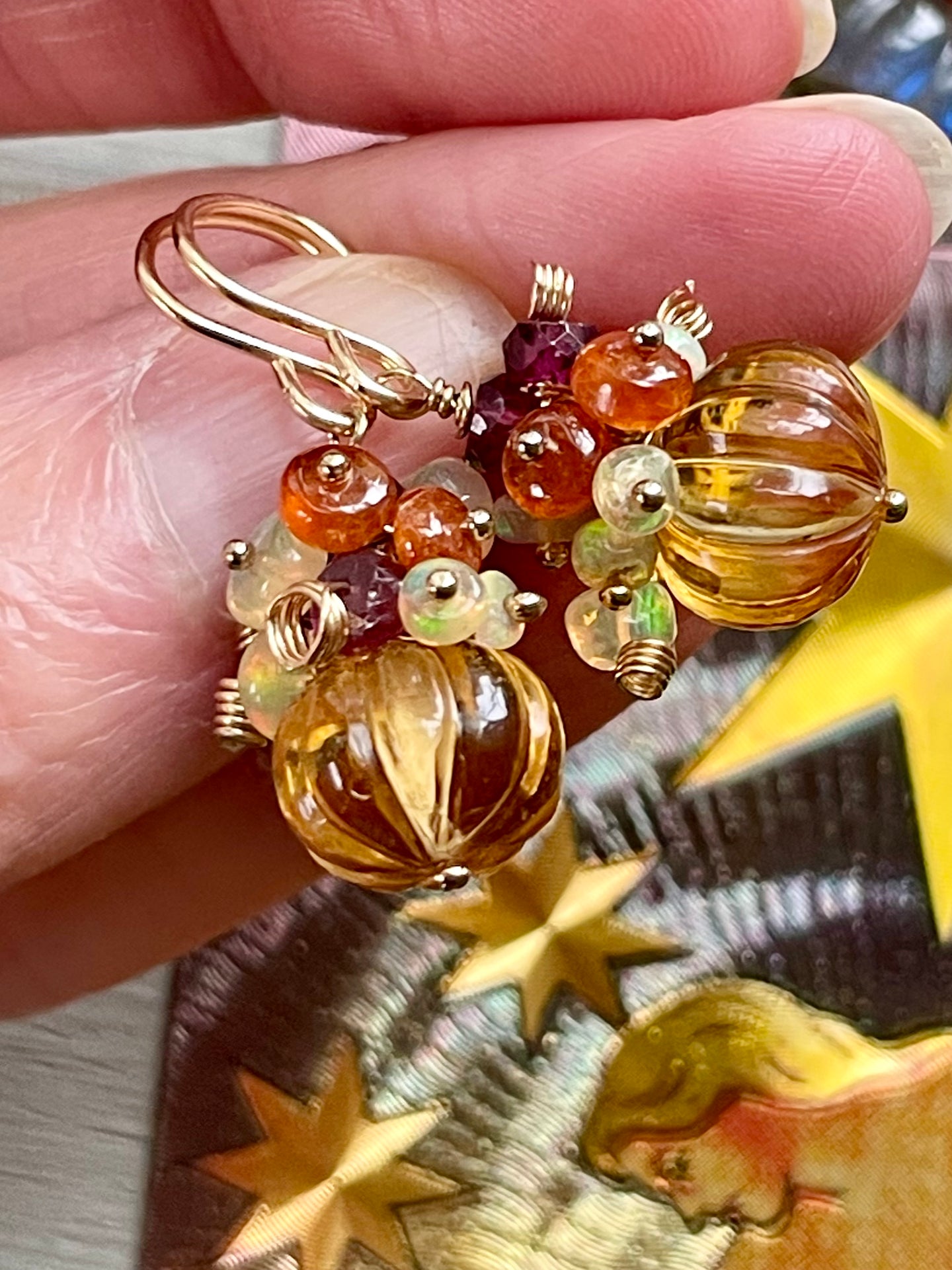 Citrine Carved Pumpkin Earrings