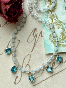 Rainbow Moonstone and Blue Topaz Heart Charm Necklace