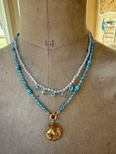 Load image into Gallery viewer, Rainbow Moonstone and Blue Topaz Heart Charm Necklace