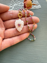 Load image into Gallery viewer, Pink Opal Carved Leaf with Pink Sapphire Bezel Pendant Necklace