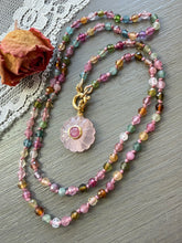 Load image into Gallery viewer, Rose Quartz Carved Flower with Ruby Bezel Pendant Necklace
