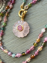 Load image into Gallery viewer, Rose Quartz Carved Flower with Ruby Bezel Pendant Necklace