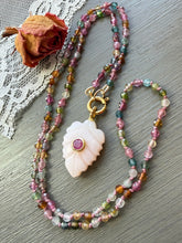 Load image into Gallery viewer, Pink Opal Carved Leaf with Pink Sapphire Bezel Pendant Necklace