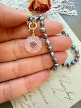 Load image into Gallery viewer, Rose Quartz Carved Flower with Ruby Bezel Pendant Necklace