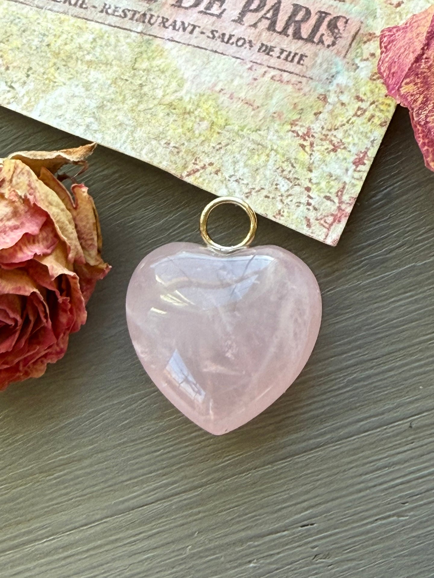 14k Rose Quartz Puffy Heart Pendant