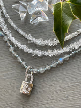 Load image into Gallery viewer, Sterling Silver Crescent Padlock Charm Necklace on Labradorite