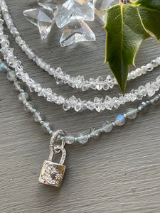 Sterling Silver Crescent Padlock Charm Necklace on Labradorite