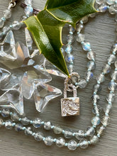 Load image into Gallery viewer, Sterling Silver Crescent Padlock Charm Necklace on Labradorite