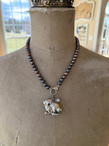 Sterling Silver Peacock Pearl Necklace with Solid Sterling Bunny Pendant