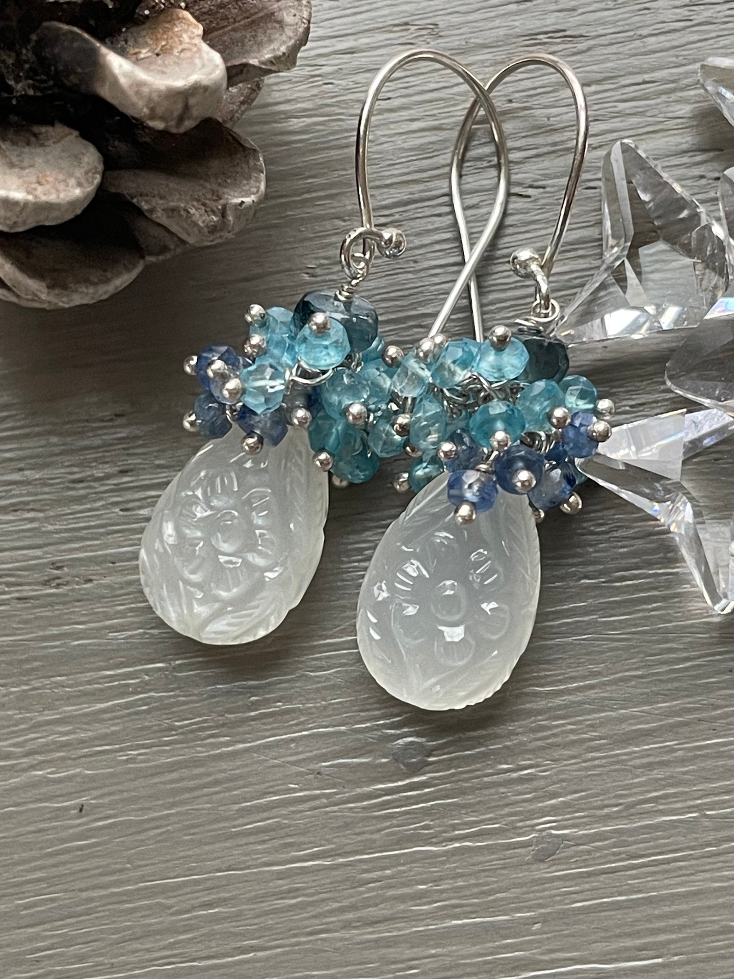 Carved White Moonstone Cluster Earrings