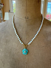Load image into Gallery viewer, Amazonite Carved Flower with Blue Topaz Bezel Pendant Necklace