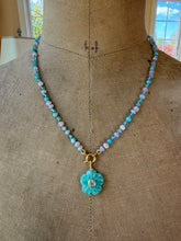 Load image into Gallery viewer, Amazonite Carved Flower with Blue Topaz Bezel Pendant Necklace