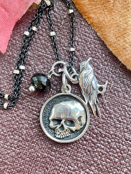 Sterling Silver Skull and Raven Charm Necklace