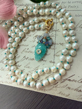 Cargar imagen en el visor de la galería, Amazonite Leaf Pendant with White Topaz Bezel Pendant Necklace
