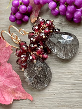 Load image into Gallery viewer, Black Rutilated Quartz and Garnet Cluster Earrings