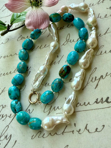 Kingman Turquoise and Baroque Pearl Necklace  Half and Half Necklace