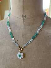 Load image into Gallery viewer, Rainbow Moonstone and Emerald Carved Flower Necklace