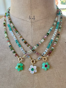 Rainbow Moonstone and Emerald Carved Flower Necklace