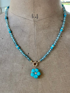 14k Carved Turquoise and Diamond Flower Necklace