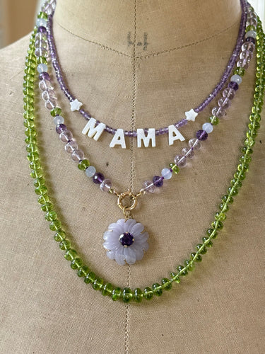 14k Carved Chalcedony and Amethyst  Flower Necklace