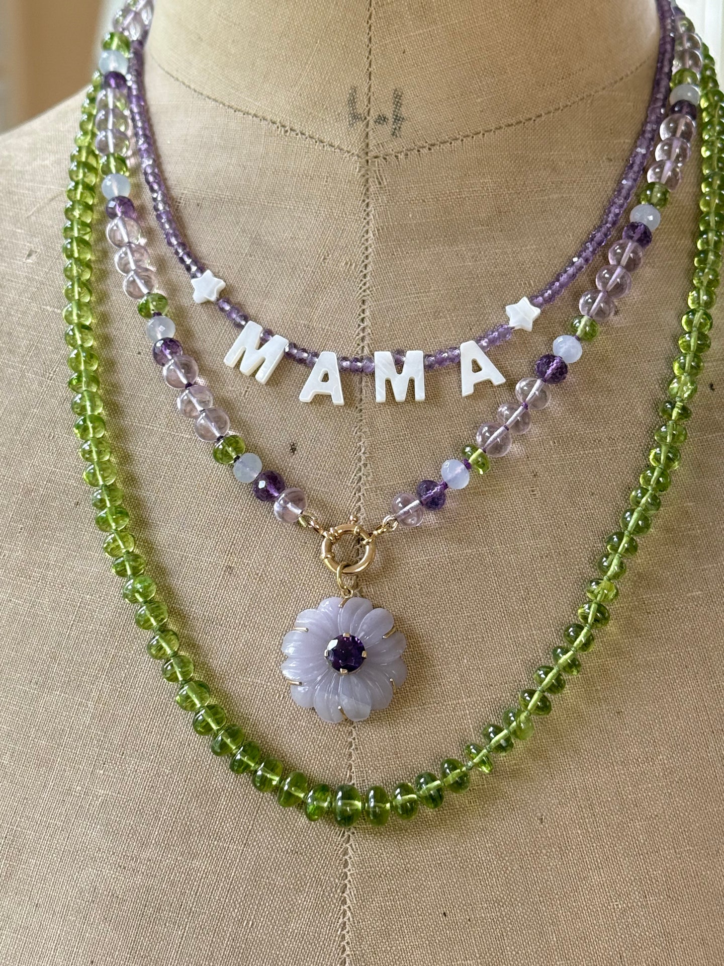 14k Carved Chalcedony and Amethyst  Flower Necklace