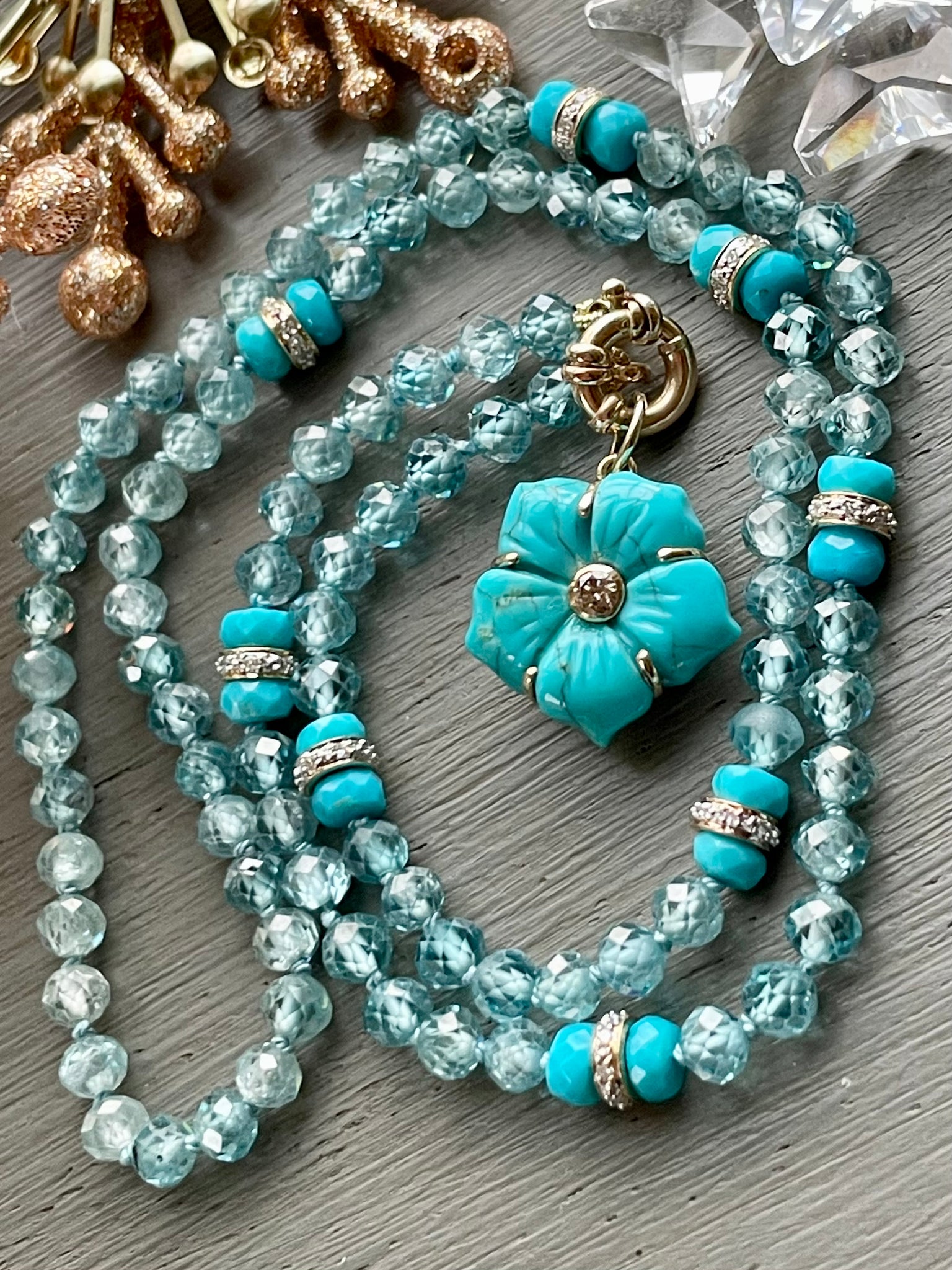 14k Carved Turquoise and Diamond Flower Necklace – The Bijou Babe