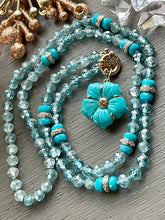Cargar imagen en el visor de la galería, 14k Carved Turquoise and Diamond Flower Necklace