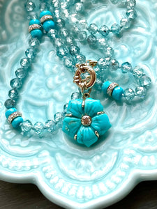 14k Carved Turquoise and Diamond Flower Necklace