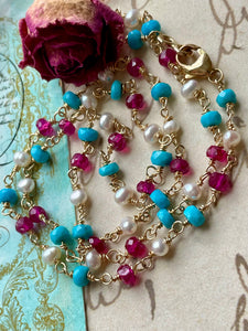 Sleeping Beauty Turquoise Pearl and Spinel Necklace