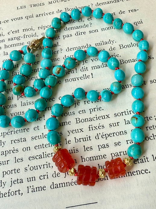 14k Carved Carnelian and Kingman Turquoise Necklace
