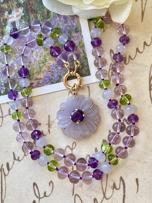 14k Carved Chalcedony and Amethyst  Flower Necklace