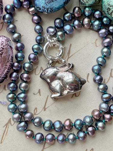Custom for Alana Sterling Silver Vintage Emelia Bunny Charm and Peacock Pearl Necklace