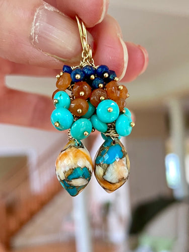 Spiny Oyster Shell and Kingman Turquoise Cluster Earrings