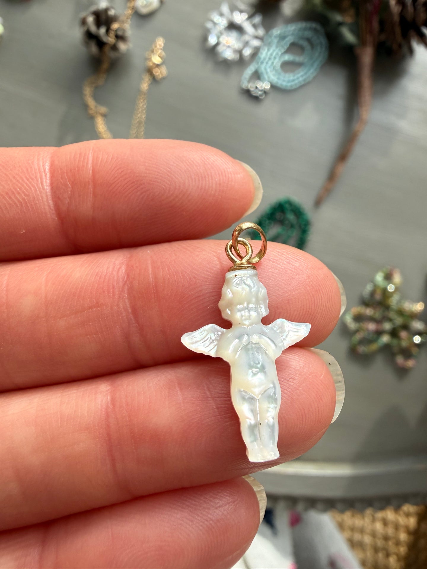 14k Mother of Pearl Guardian Angel Charm