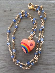 Vintage Acrylic Rainbow Heart Necklace with Sapphires