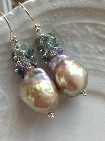 Pondslime Baroque Pearls with Sapphire Earrings