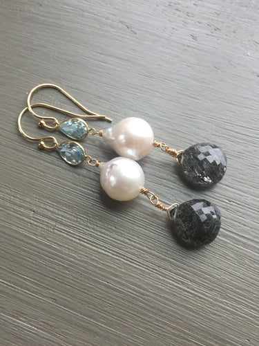 14k Gold Pearl and Blue Topaz Earrings
