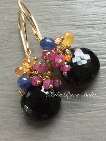 Black Spinel and Sapphire Cluster Earrings